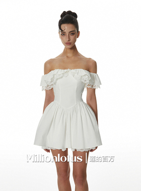 莲的百万 纯欲蕾丝一字领荷叶边束腰法式白色显瘦晚礼服连衣裙女