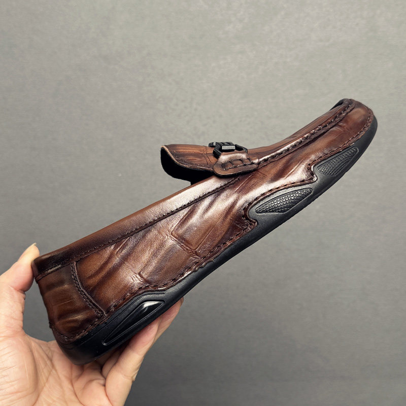 头层牛皮乐福鞋男夏天懒人一脚蹬软底软面轻便驾车透气真皮豆豆鞋