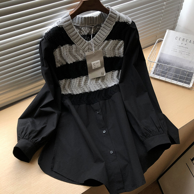款式新颖~Chic时髦洋气宽条纹针织拼接假两件V领套头长袖衬衫女