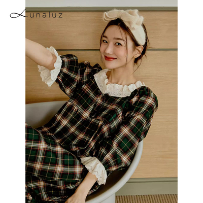 Lunaluz进口秋士七分袖睡裙甜美休闲格子家居服娃娃领韩国长裙