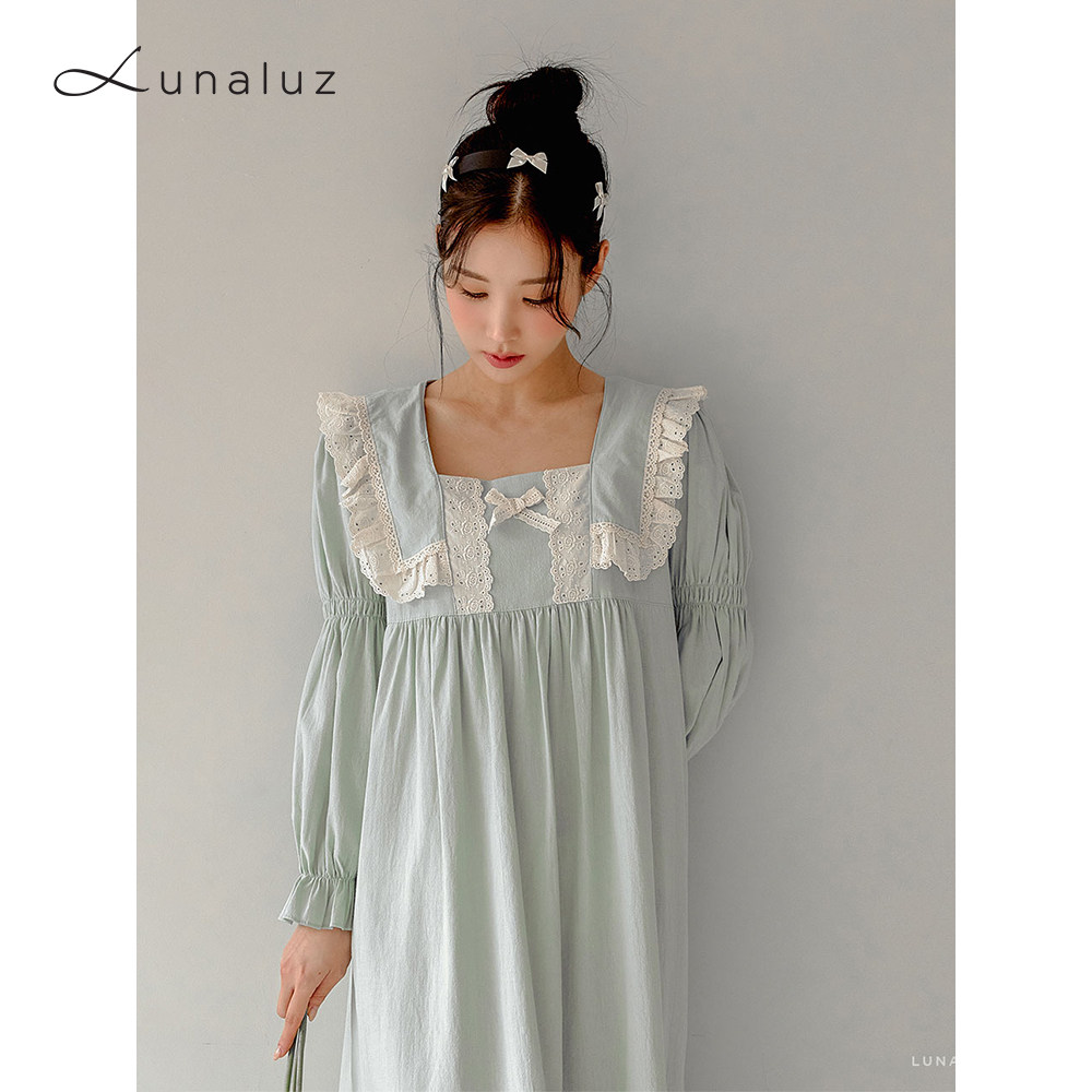 Lunaluz纯色海军领花边蝴蝶结纯棉甜美休闲中长款睡裙可外穿清仓