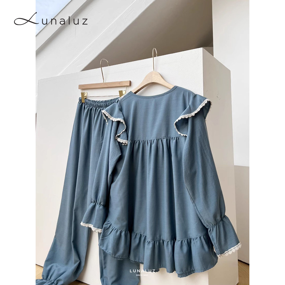 Lunaluz韩国纯色蕾丝套头丝滑甜美睡衣睡裤套装家居服士秋薄清仓