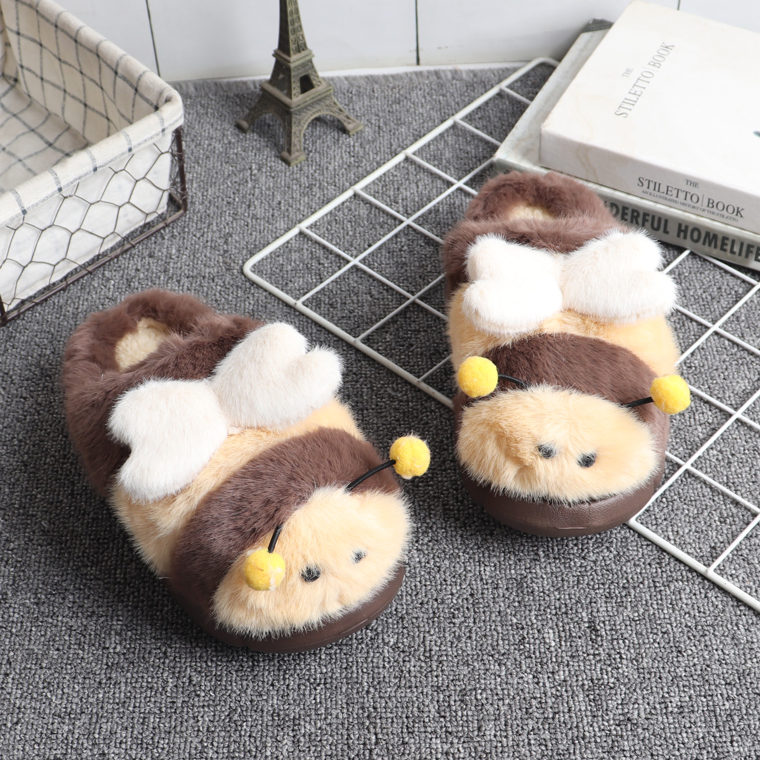 可爱卡通小蜜蜂儿童棉拖鞋亲子款毛毛绒保暖女小孩甜美男中大童冬