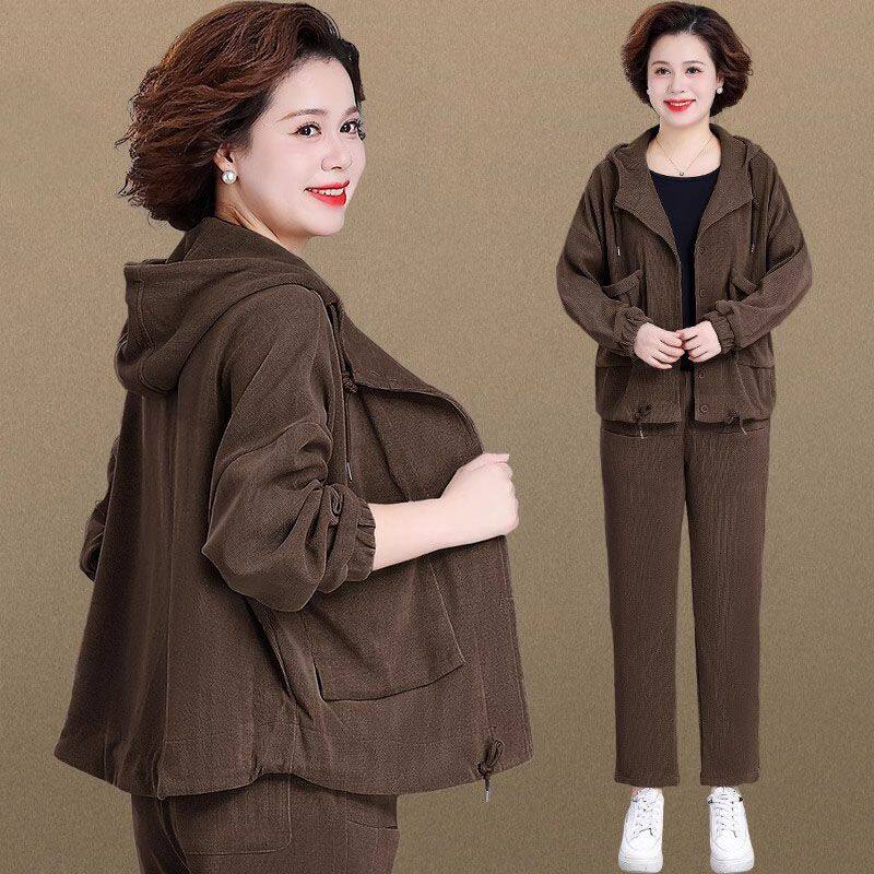 2025春秋休闲运动服套装女新款时尚洋气妈妈连帽外套阔腿裤两件套