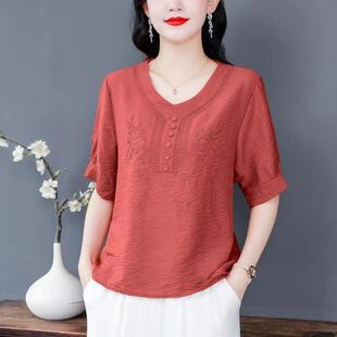 女刺绣短袖 两件套裤 T恤2025夏季 中年妈妈装 子上衣 新款 天丝麻套装