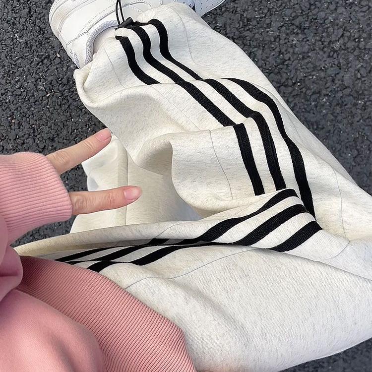 300斤大码胖妹妹加绒美式三条杠休闲运动裤女秋冬灰色高腰阔腿裤