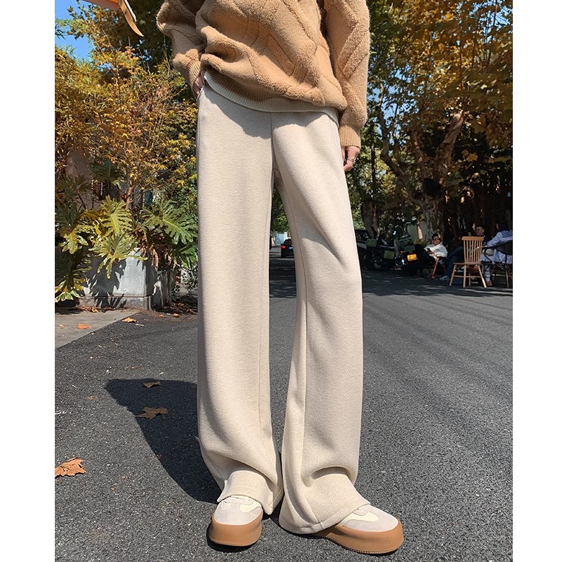 大码胖mm300斤加绒加厚阔腿裤女秋冬季毛呢开叉直筒窄版香蕉裤子