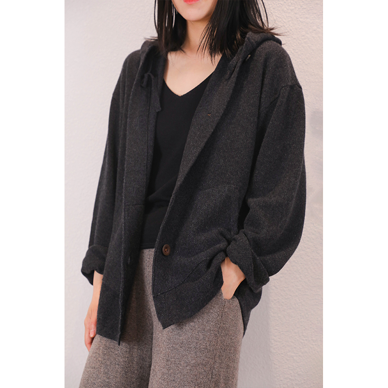 东雍 印象小桂花 慵懒宽松休闲连帽提花疙瘩羊绒针织毛衣开衫外套