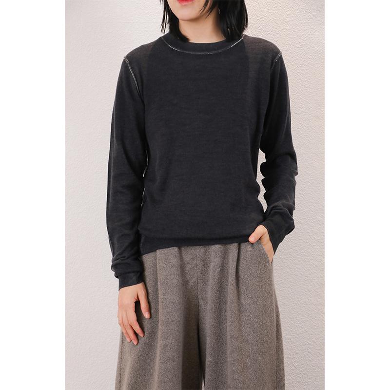 精纺圆领印黑手工羊绒针织套头衫