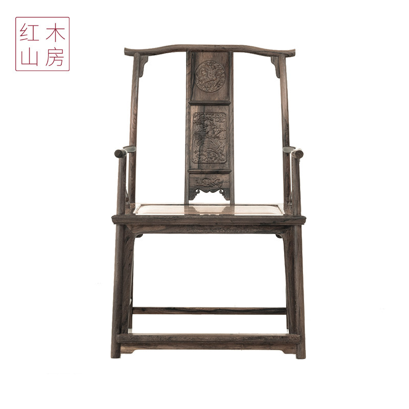 铁力藏黑酸枝麒麟引凤纹四出头官帽椅明式主人椅书房椅（生胚）