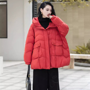 新款 2024冬季 加厚连帽宽松显瘦白鸭绒胖MM外套 羽绒服女中长款 大码