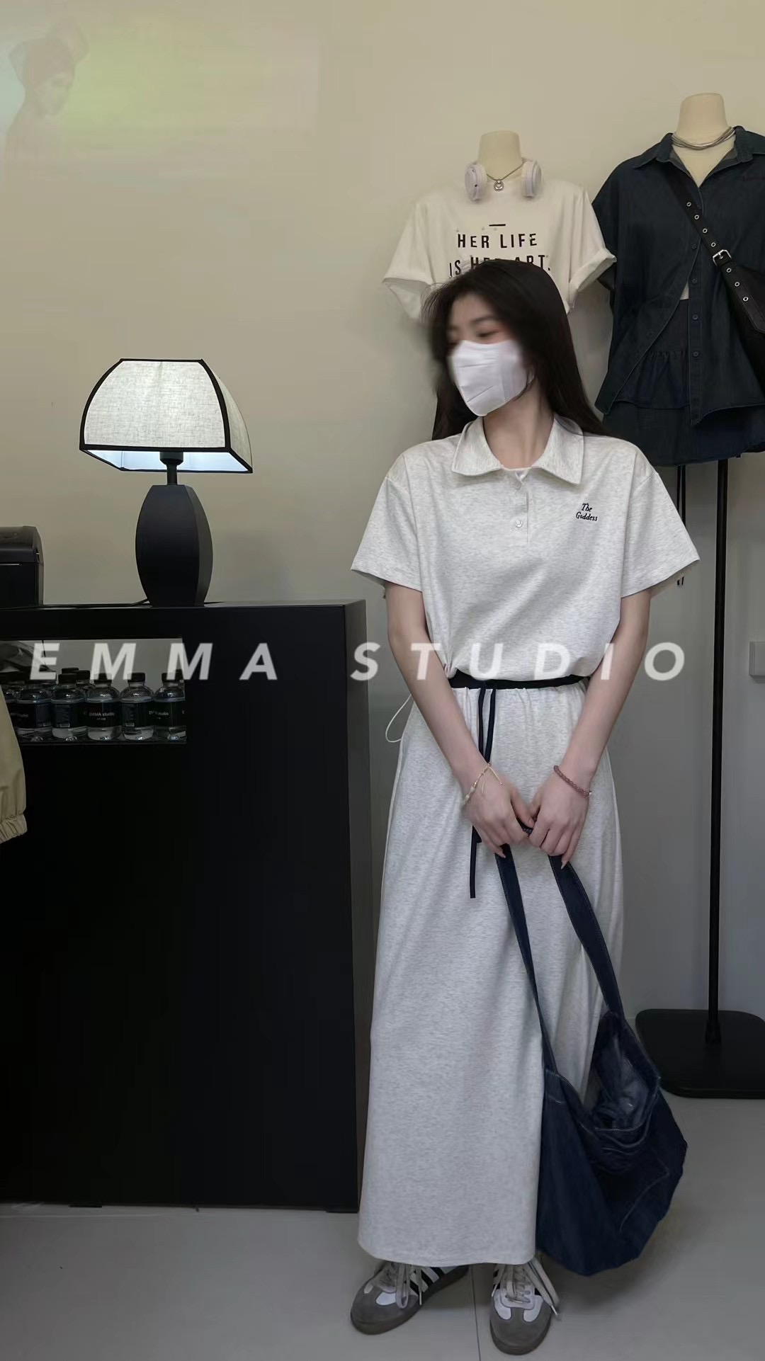 EMMA 美式复古卫衣套装女夏POLP领短袖上衣休闲松紧腰半裙两件套