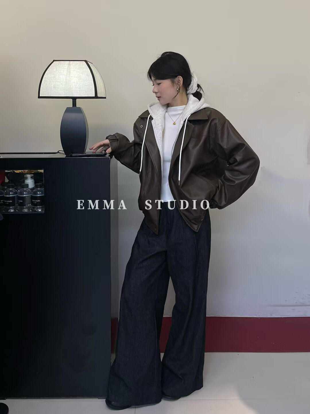 EMMA2025冬季新款韩版休闲假两件皮衣外套女宽松显瘦百搭加绒上衣