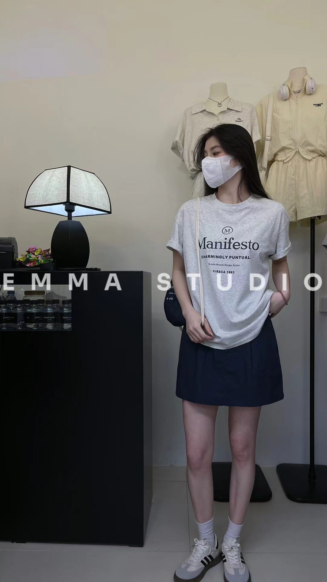 EMMA 慵懒风T恤套装女夏季短袖薄款韩版甜美休闲短裙配包包三件套