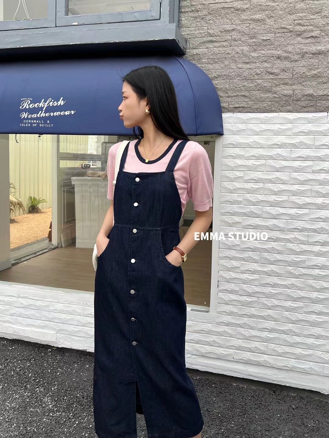 EMMA 牛仔背带裙女夏小个子2023新款韩版高腰显瘦开叉吊带连衣裙