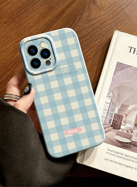 蓝色格子适用苹果华为iPhone14plus12pro max小米手机壳p50荣耀vivo全包菲林oppo红米菲林软壳全包镜头