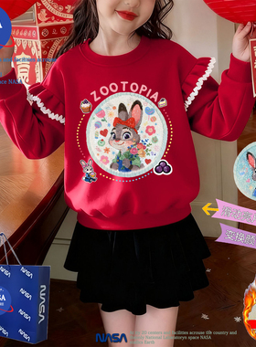 NASA秋冬季新年红色女童亮片卡通朱迪疯狂动物城儿童装荷叶袖卫衣
