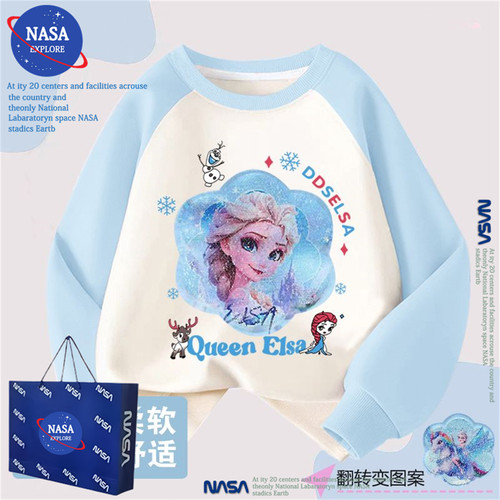 NASA卡通新款女童艾莎公主亮片变色中小儿童装秋冬季加绒加厚卫衣