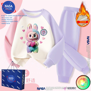 NASA秋冬季亮灯女童套装儿童装拉布布宽松加绒加厚卫衣裤子两件套