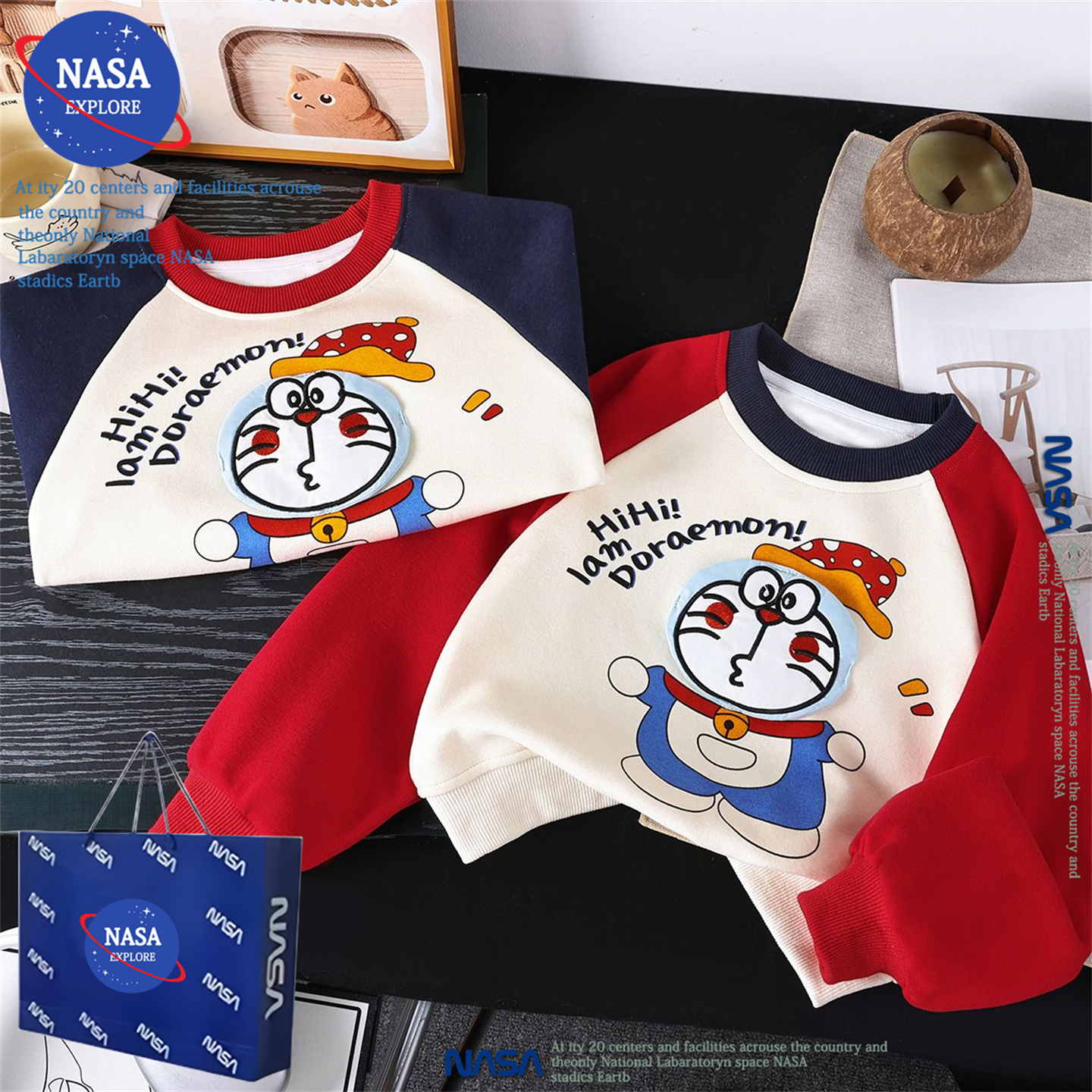 NASA男女童秋冬季拼色卫衣哆啦A梦立体玩偶卡通时尚小宝宝儿童装