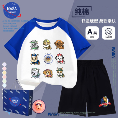 NASA男童汪汪队发光纯棉短袖裤子儿童套装夏季亮灯休闲运动两件套