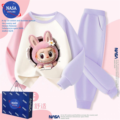 NASA女童装卫衣套装新款拉布布印花秋冬季洋气卡通裤子加绒两件套