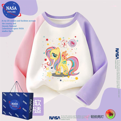 NASA新款2026春秋女童纯棉长袖T恤卡通小宝玛丽发光亮灯圆领打底