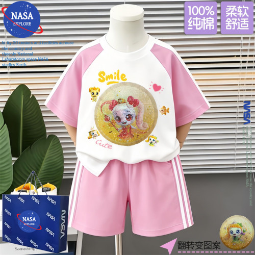 NASA女童奇妙萌可轻拍亮灯纯棉短袖T恤童装洋气短裤休闲两件套装