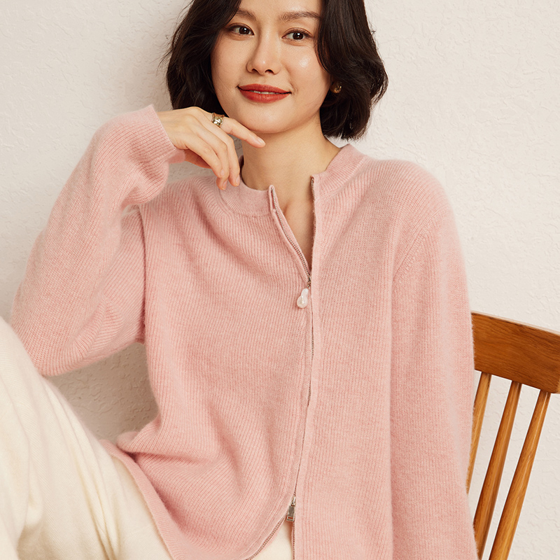 100%纯山羊绒开衫女圆领拉链毛衣