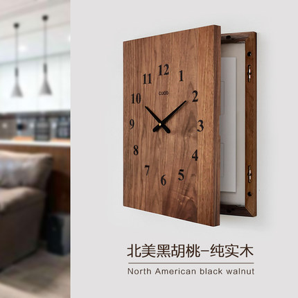 黑胡桃 胡桃木电表箱装饰画竖款加钟表遮挡装挂画竖式大尺寸竖版