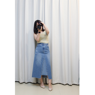 76腰围日单小众棉质水洗牛仔长裙拼接毛边设计半身裙A型