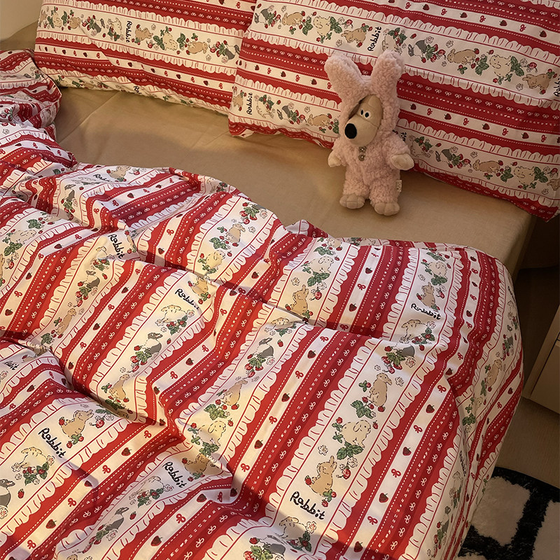 可爱草莓小兔全棉四件套100纯棉被套床笠床单宿舍三件套床上用品4