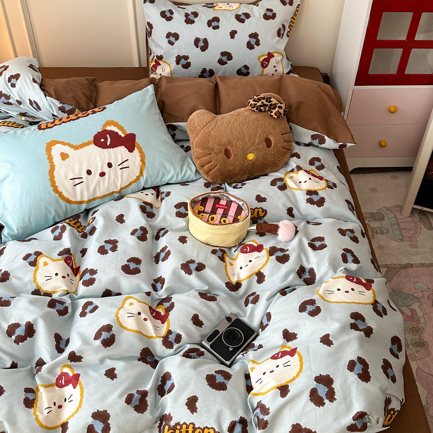 可爱蓝豹纹猫咪纯棉纯色四件套全棉少女心卡通被套床单宿舍三件套