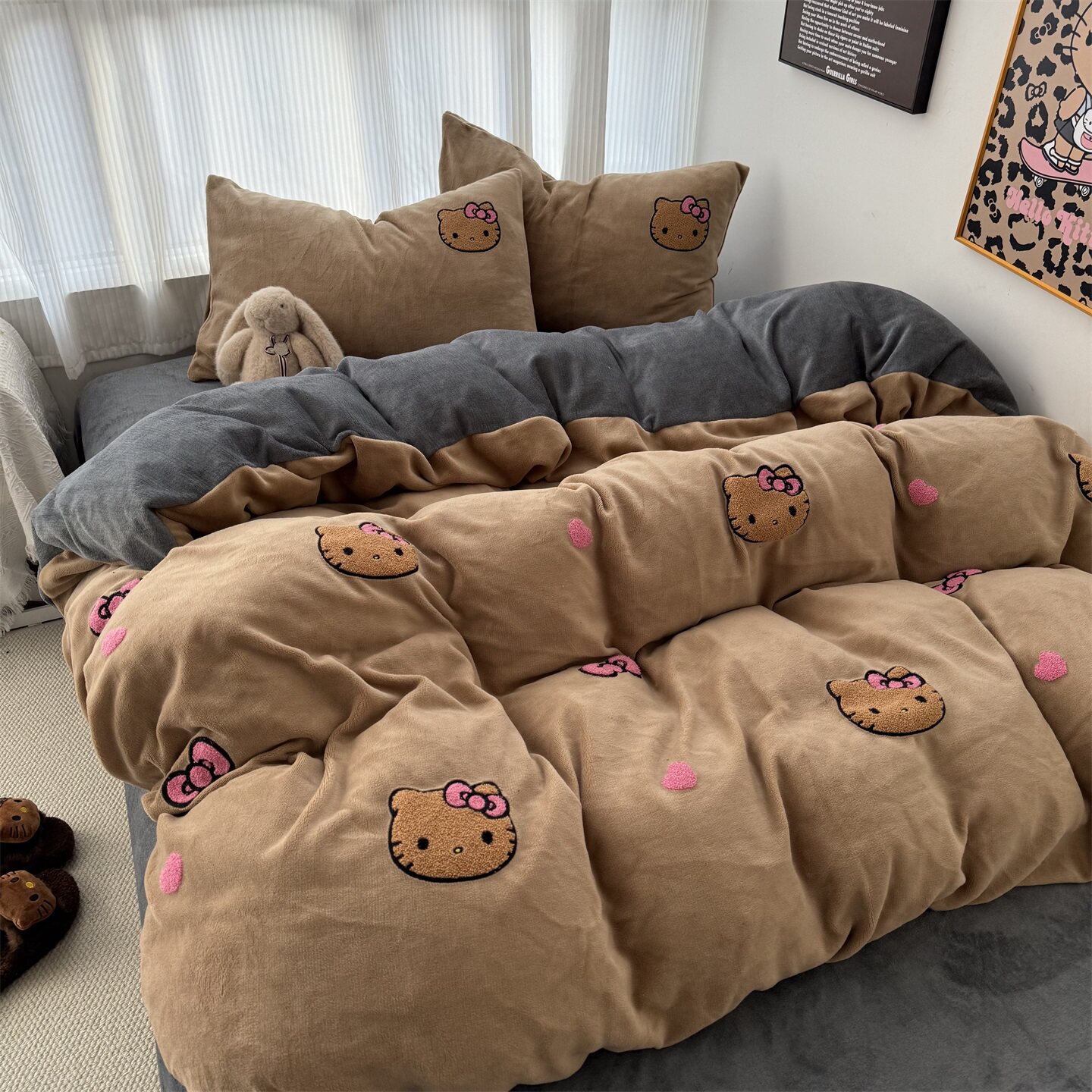 黑皮猫毛巾绣冬季牛奶绒四件套