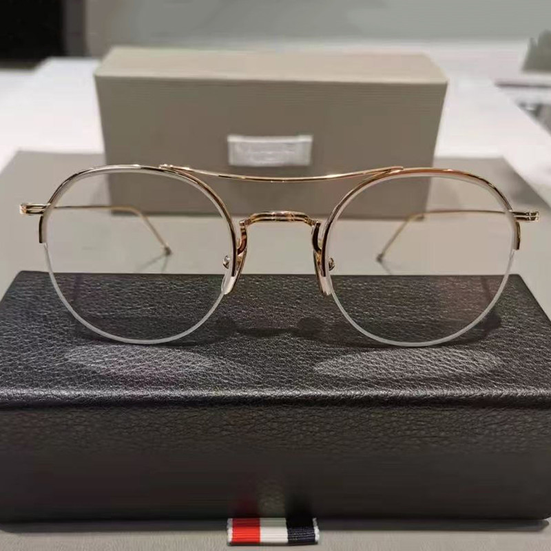 Thom品牌超轻纯钛圆框半框眼镜架男女通用金色复古圆形近视镜框