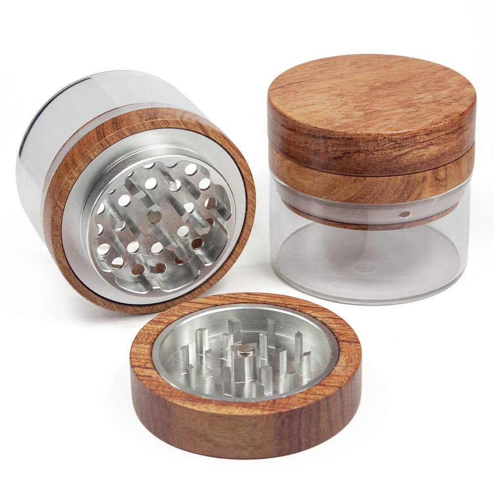跨境新品巴花木头铝合金63mm4层烟草研磨机磨烟器玻璃储藏罐烟具