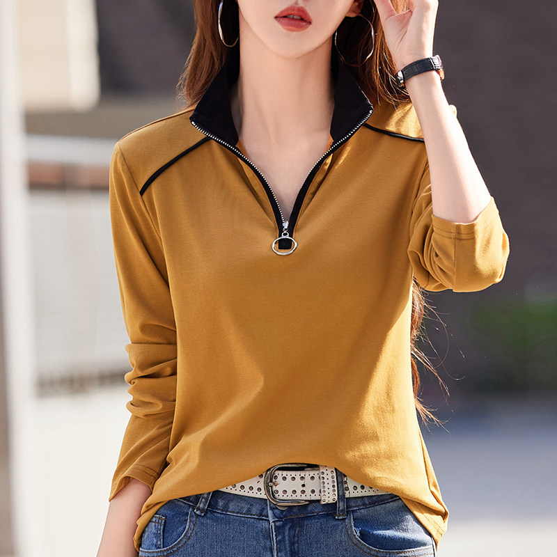 翻领纯棉打底衫女2025春秋洋气外穿半高领拉链带领有领长袖T恤衫