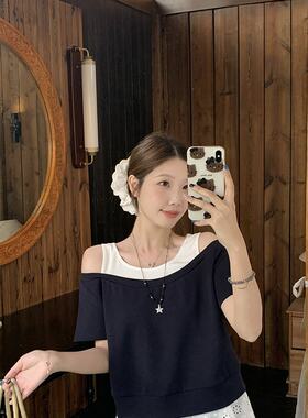 大码甜美露肩别致漂亮短袖上衣蕾丝边格子半身裙两件套胖MM夏套装