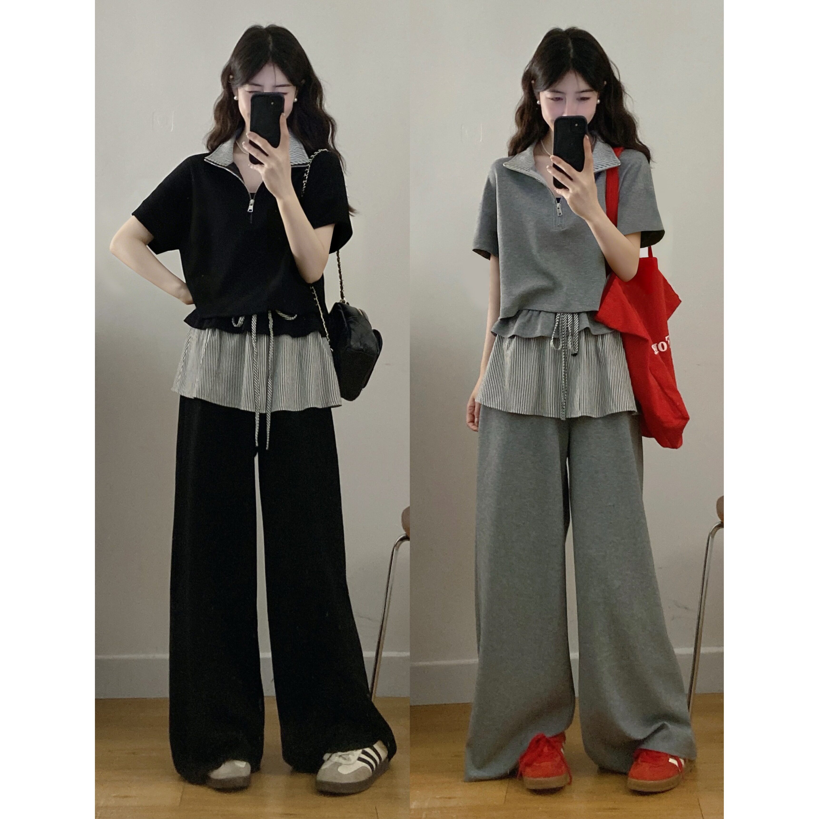 大码夏两件套装胖MM女装时尚显瘦V领上衣休闲条纹遮肉屁帘阔腿裤