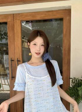 大码T恤拼接甜美蕾丝吊带叠穿短袖上衣两件套胖MM夏舒服休闲减龄