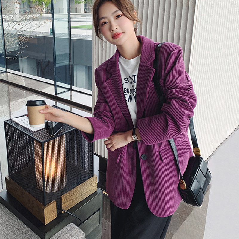2026春新款紫色灯芯绒西装外套女小个子复古宽松休闲小西服女神范