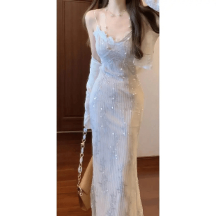套装 女神性感亮片蕾丝V领修身 吊带连衣裙气质包臀长裙子防晒开衫