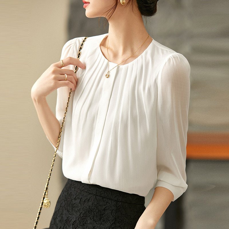 女神春长袖衬衣时尚圆领白色雪纺衬衫百搭衬衣开衫气质七分袖上衣