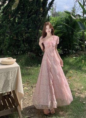 大码超仙绝美提花连衣裙胖MM夏荷叶边领泡泡䄂高腰显瘦减龄长裙子