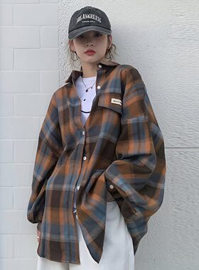 大码秋巨好看减龄格子衬衫长袖百搭原宿风休闲宽松上衣衬衣外套女