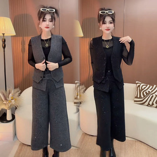 小香风洋气时尚套装女2025冬季新款蝴蝶结马甲裤腿裤百搭两件套潮