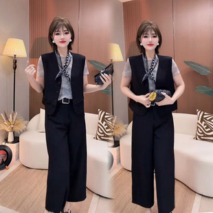 韩版时尚套装女2026春夏新款荷叶边西装马甲短袖高腰九分裤三件套