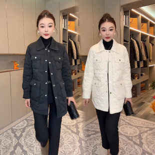 欧货棉衣外套女2025秋冬新款时尚宽松显瘦菱格夹棉轻薄中长款棉服