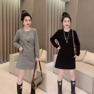 简约时尚净版中长款卫衣裙女2025春季新款修身显瘦纯色减龄长袖裙