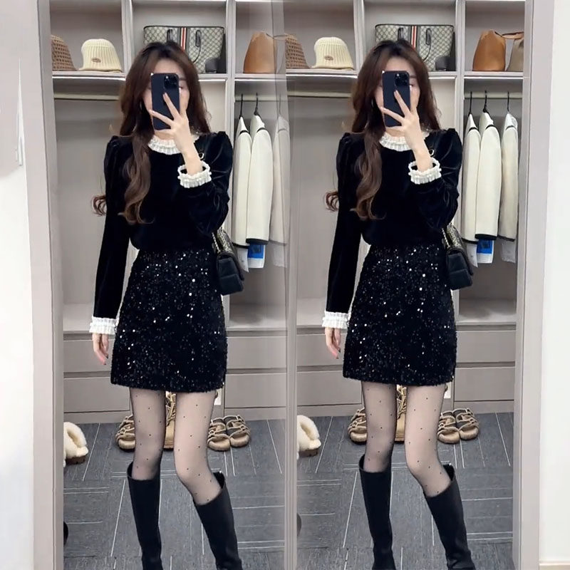 2025新款小香风时尚套装女秋冬黑色丝绒衬衫高腰亮片半身裙两件套,女装/女士精品,时尚套装,淘宝优惠券,粉丝福利购,淘宝优惠卷